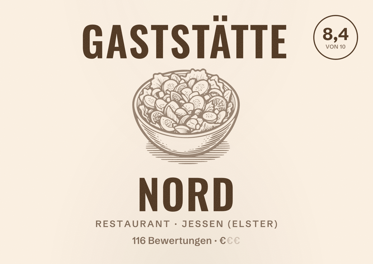 Illustriertes Poster von Gaststätte NORD, Restaurant in Jessen (Elster): Bewertung 8,4 von 10 aus 116 Bewertungen, Preisniveau €
