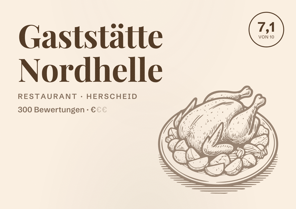 Illustriertes Poster von Gaststätte Nordhelle, Restaurant in Herscheid: Bewertung 7,1 von 10 aus 300 Bewertungen, Preisniveau €