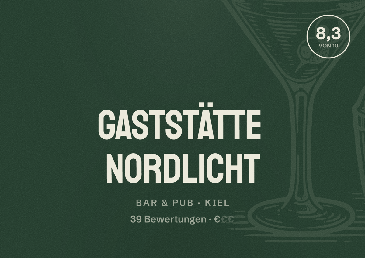 Illustriertes Poster von Gaststätte Nordlicht, Bar & Pub in Kiel: Bewertung 8,3 von 10 aus 39 Bewertungen, Preisniveau €