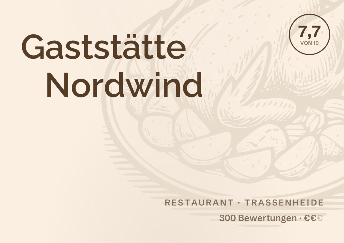 Illustriertes Poster von Gaststätte Nordwind, Restaurant in Trassenheide: Bewertung 7,7 von 10 aus 300 Bewertungen, Preisniveau €€