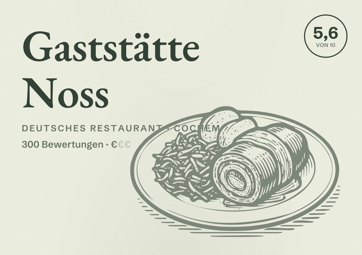 Illustriertes Poster von Gaststätte Noss, Deutsches Restaurant in Cochem: Bewertung 5,6 von 10 aus 300 Bewertungen, Preisniveau €