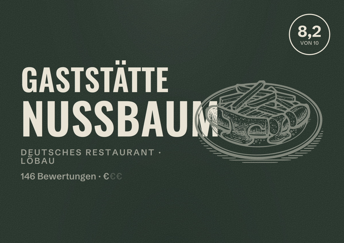 Illustriertes Poster von Gaststätte Nußbaum, Deutsches Restaurant in Löbau: Bewertung 8,2 von 10 aus 146 Bewertungen, Preisniveau €