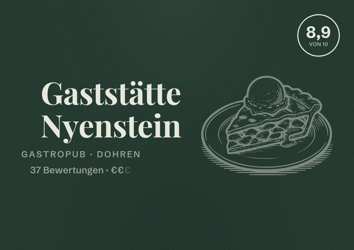Illustriertes Poster von Gaststätte Nyenstein, Gastropub in Dohren: Bewertung 8,9 von 10 aus 37 Bewertungen, Preisniveau €€