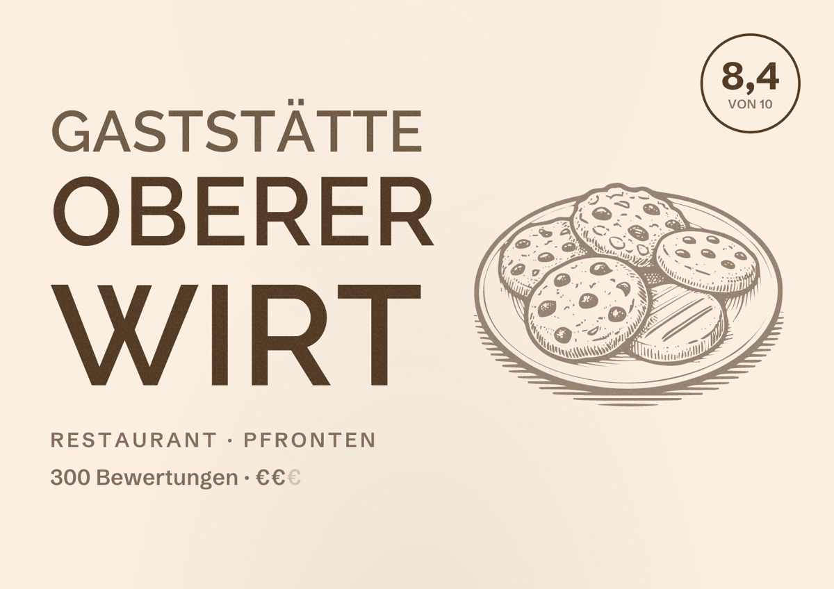 Illustriertes Poster von Gaststätte Oberer Wirt, Restaurant in Pfronten: Bewertung 8,4 von 10 aus 300 Bewertungen, Preisniveau €€