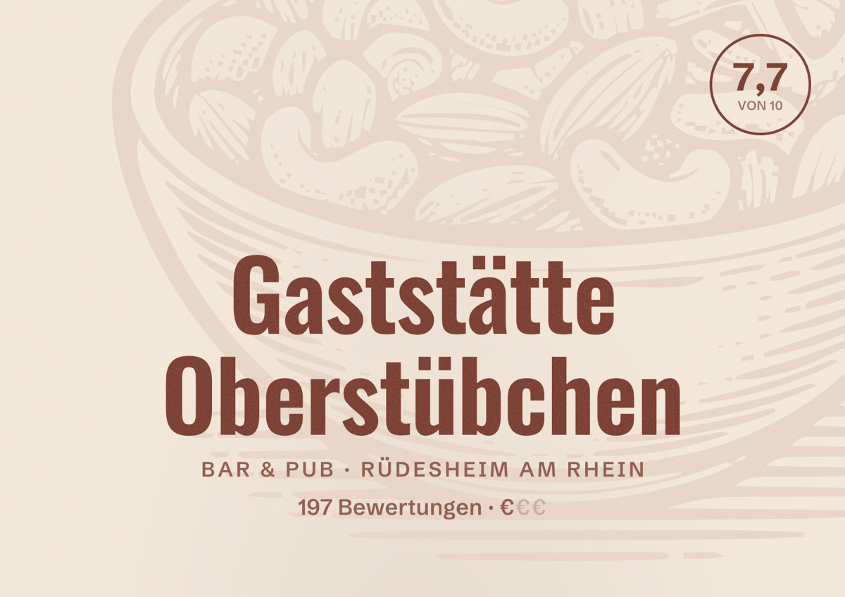 Illustriertes Poster von Gaststätte Oberstübchen, Bar & Pub in Rüdesheim am Rhein: Bewertung 7,7 von 10 aus 197 Bewertungen, Preisniveau €