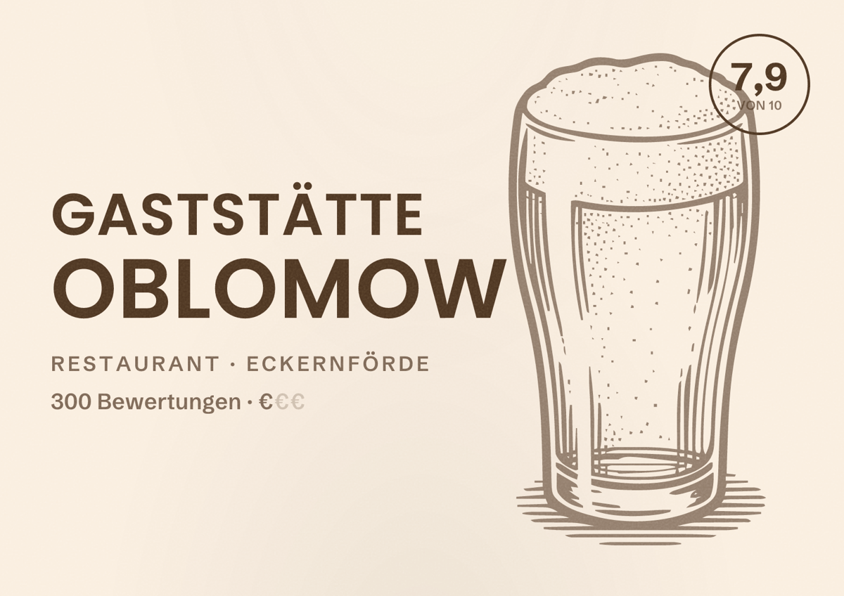 Illustriertes Poster von Gaststätte Oblomow, Restaurant in Eckernförde: Bewertung 7,9 von 10 aus 300 Bewertungen, Preisniveau €