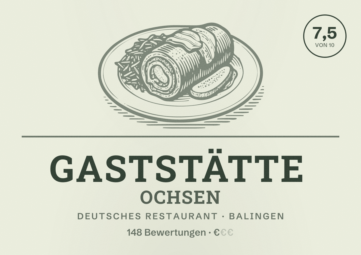 Illustriertes Poster von Gaststätte Ochsen, Deutsches Restaurant in Balingen: Bewertung 7,5 von 10 aus 148 Bewertungen, Preisniveau €