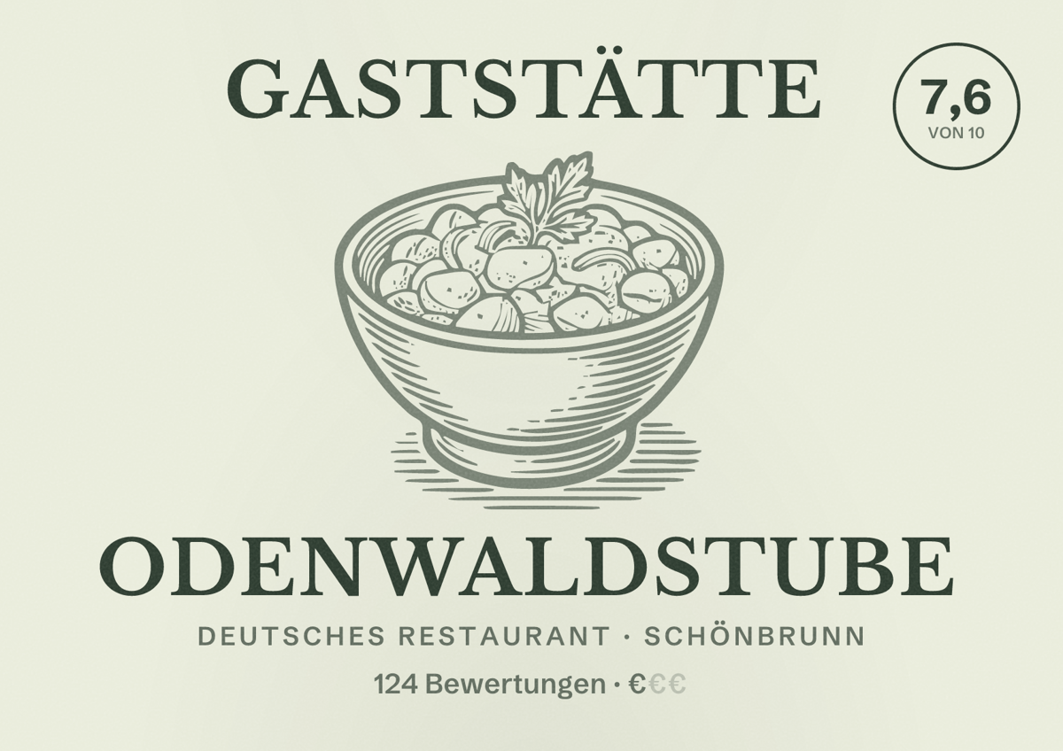 Illustriertes Poster von Gaststätte Odenwaldstube, Deutsches Restaurant in Schönbrunn: Bewertung 7,6 von 10 aus 124 Bewertungen, Preisniveau €