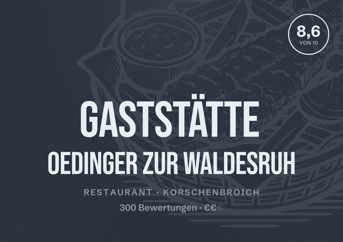 Illustriertes Poster von Gaststätte Oedinger Zur Waldesruh, Restaurant in Korschenbroich: Bewertung 8,6 von 10 aus 300 Bewertungen, Preisniveau €€