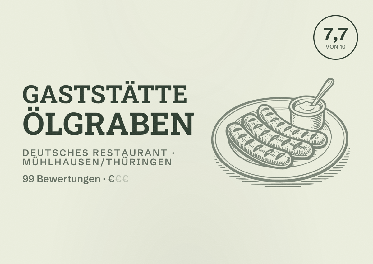 Illustriertes Poster von Gaststätte Ölgraben, Deutsches Restaurant in Mühlhausen/Thüringen: Bewertung 7,7 von 10 aus 99 Bewertungen, Preisniveau €