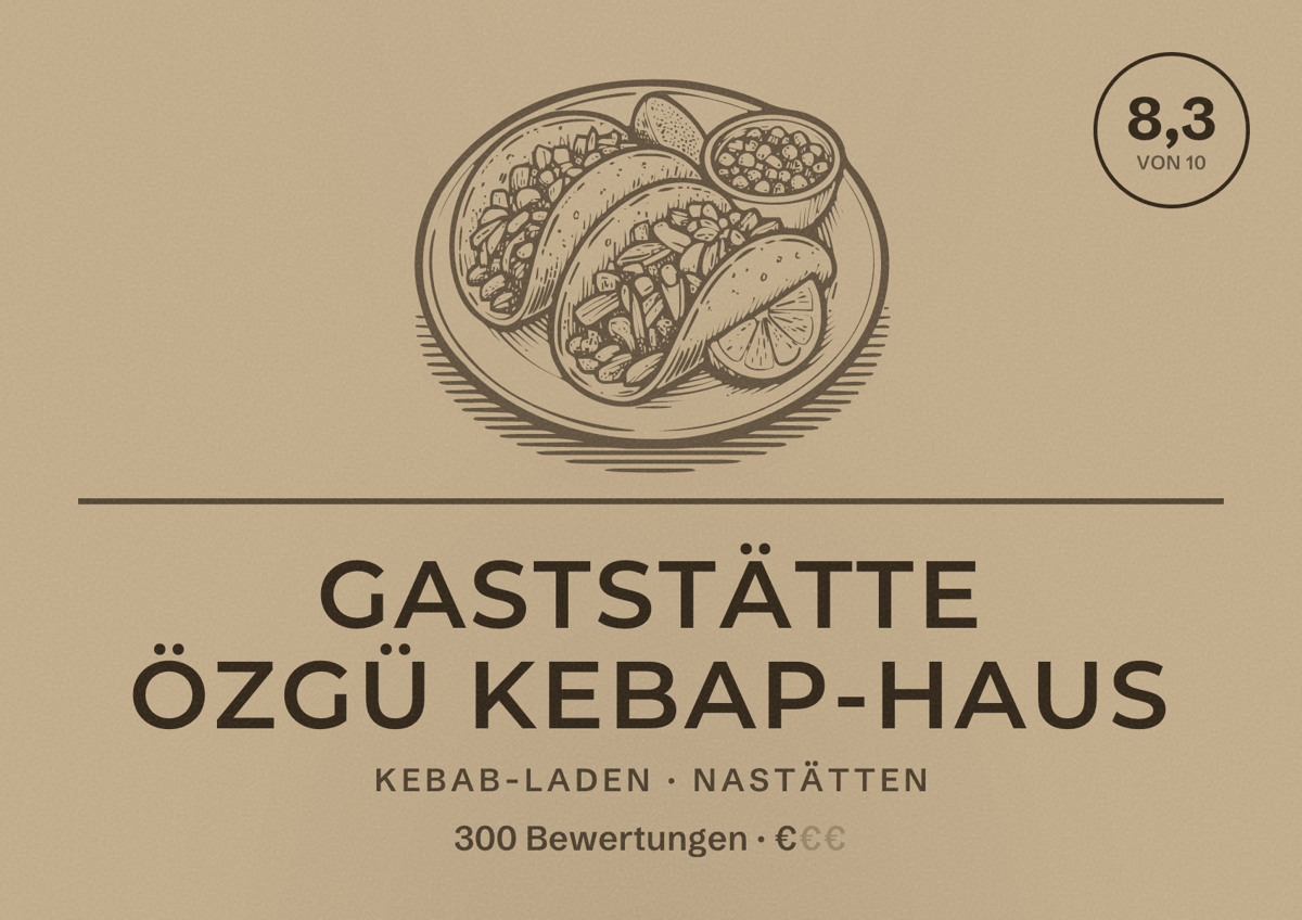 Illustriertes Poster von Gaststätte Özgü Kebap-Haus, Kebab-Laden in Nastätten: Bewertung 8,3 von 10 aus 300 Bewertungen, Preisniveau €