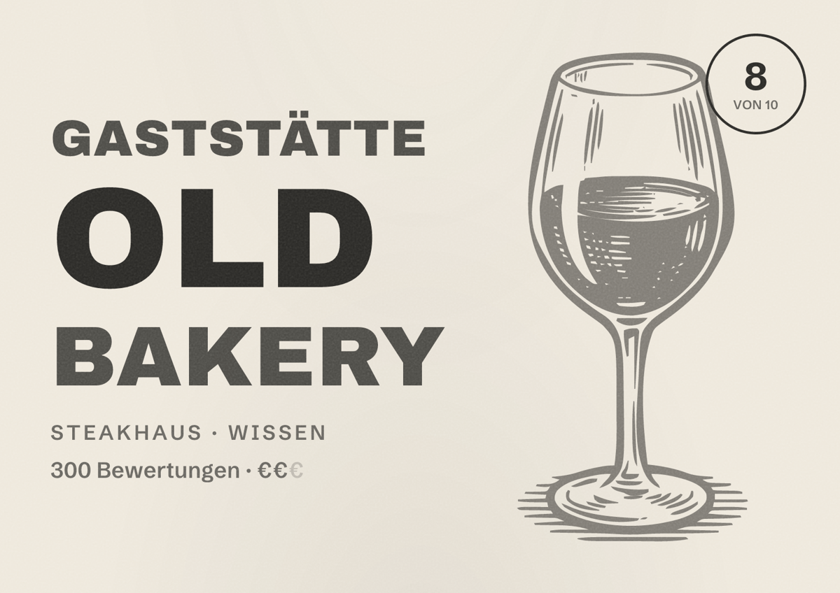 Illustriertes Poster von Gaststätte Old Bakery, Steakhaus in Wissen: Bewertung 8 von 10 aus 300 Bewertungen, Preisniveau €€