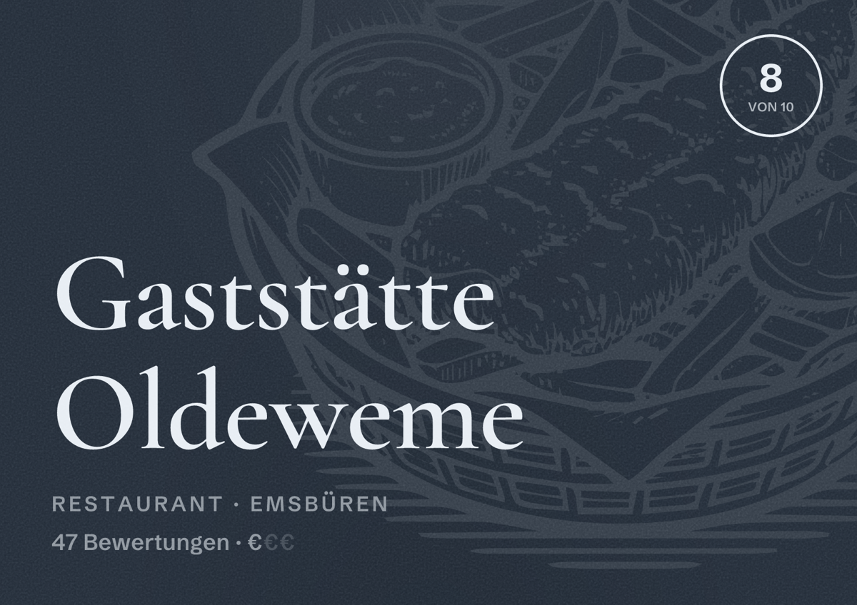 Illustriertes Poster von Gaststätte Oldeweme, Restaurant in Emsbüren: Bewertung 8 von 10 aus 47 Bewertungen, Preisniveau €