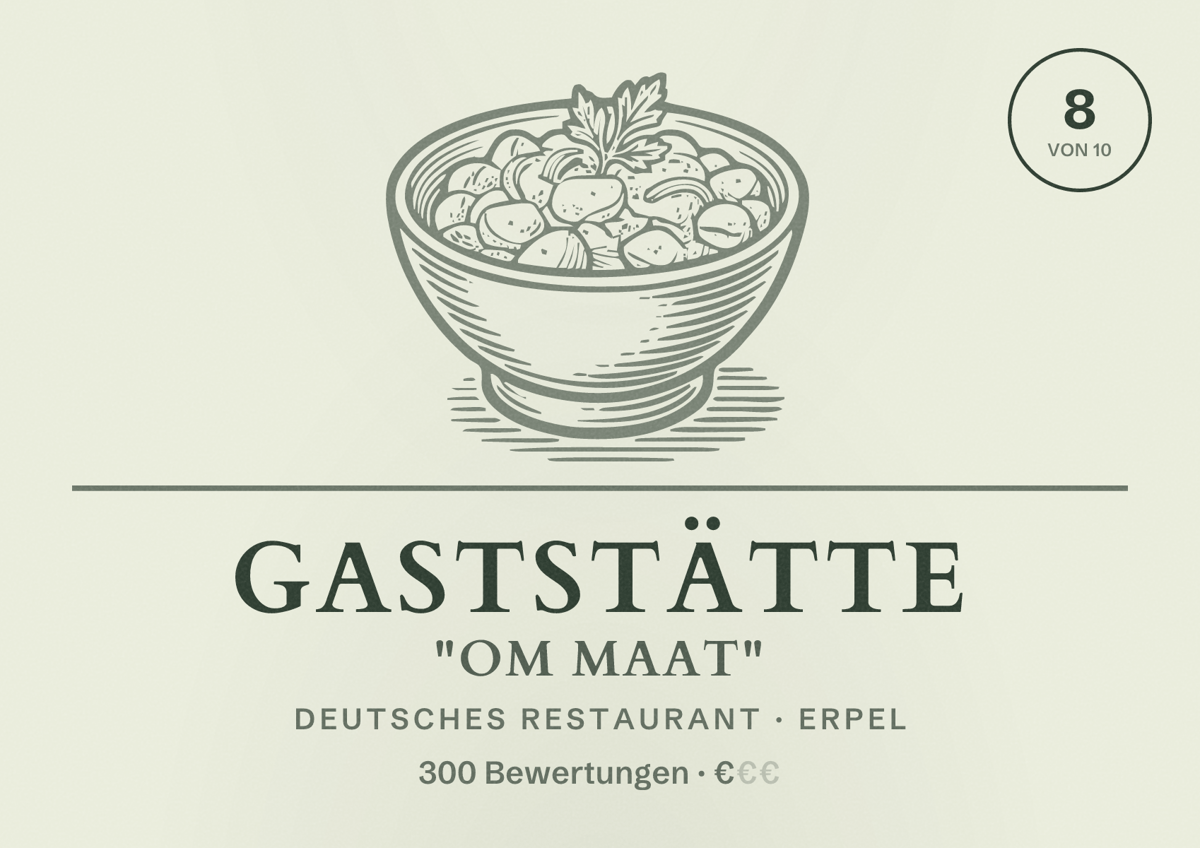 Illustriertes Poster von Gaststätte "Om Maat", Deutsches Restaurant in Erpel: Bewertung 8 von 10 aus 300 Bewertungen, Preisniveau €