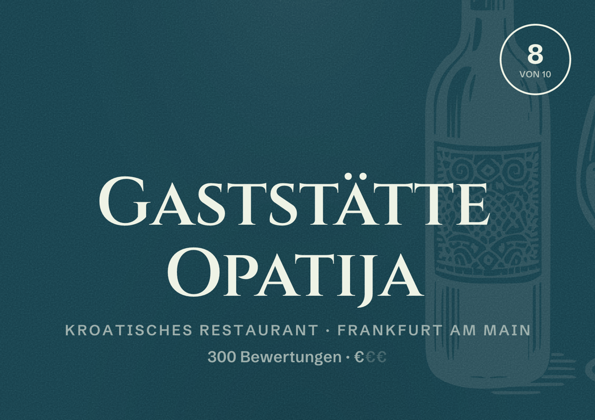 Illustriertes Poster von Gaststätte Opatija, Kroatisches Restaurant in Frankfurt am Main: Bewertung 8,0 von 10 aus 300 Bewertungen, Preisniveau €