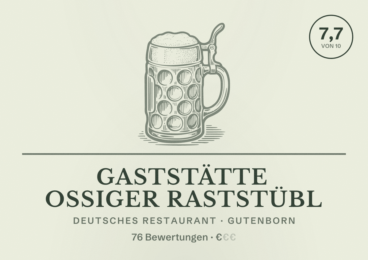 Illustriertes Poster von Gaststätte Ossiger Raststübl, Deutsches Restaurant in Gutenborn: Bewertung 7,7 von 10 aus 76 Bewertungen, Preisniveau €