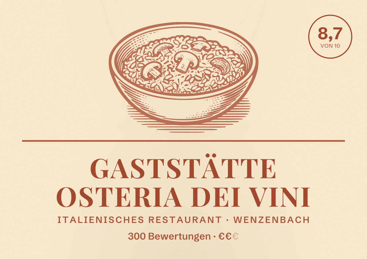 Illustriertes Poster von Gaststätte Osteria dei Vini, Italienisches Restaurant in Wenzenbach: Bewertung 8,7 von 10 aus 300 Bewertungen, Preisniveau €€