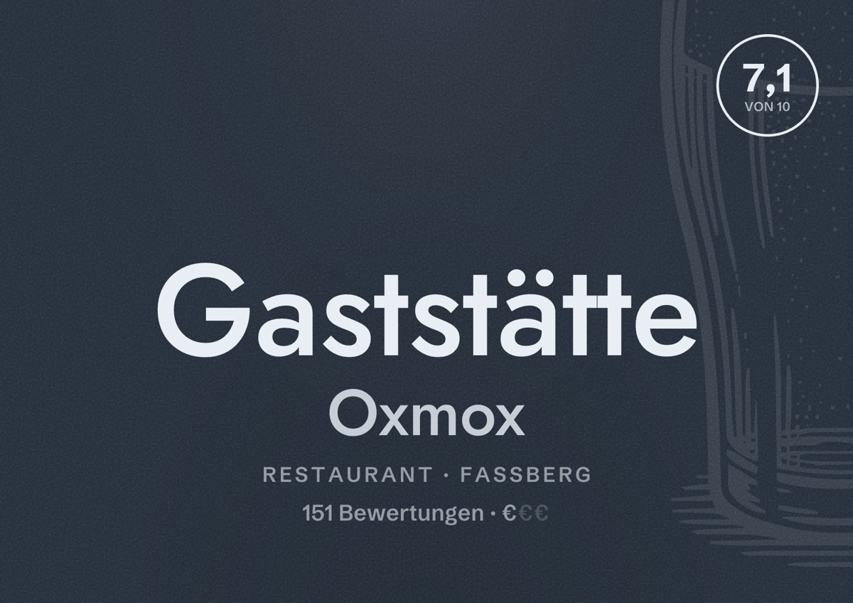 Illustriertes Poster von Gaststätte Oxmox, Restaurant in Faßberg: Bewertung 7,1 von 10 aus 151 Bewertungen, Preisniveau €
