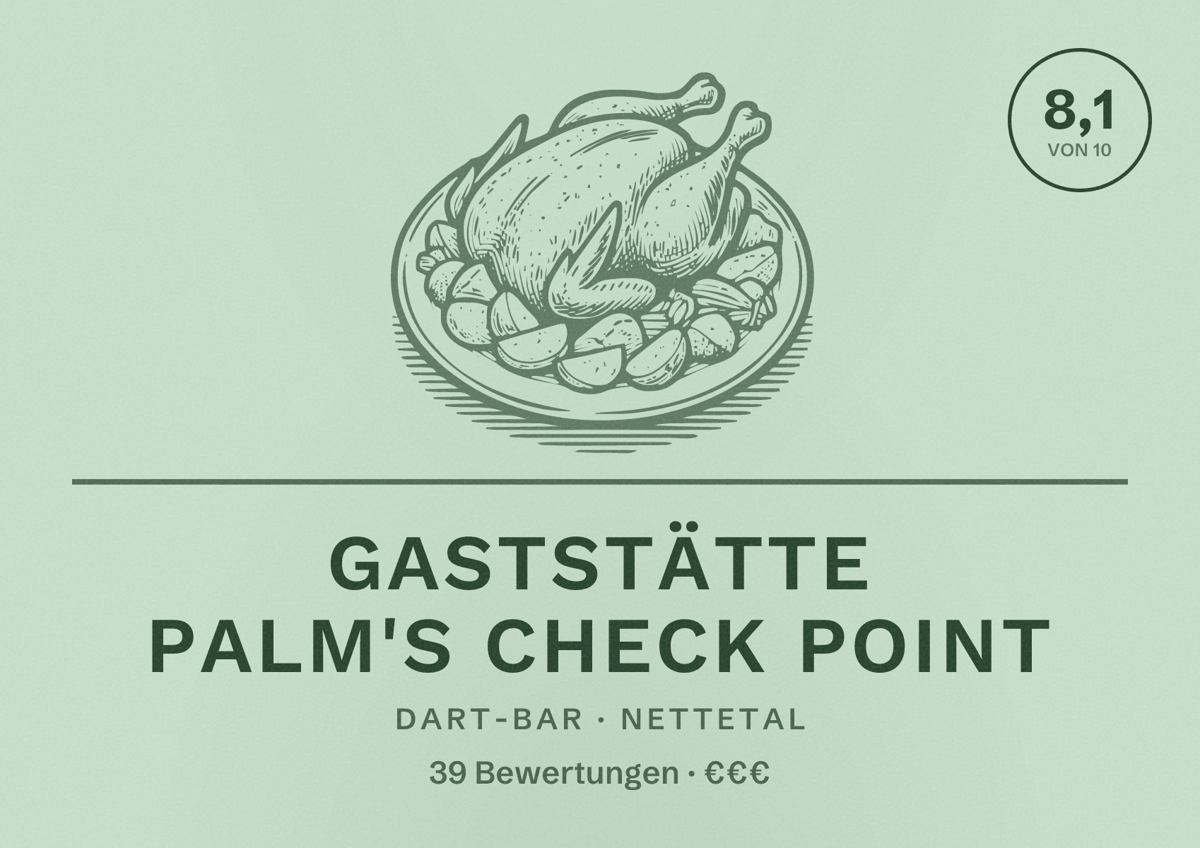 Illustriertes Poster von Gaststätte Palm's Check Point, Dart-Bar in Nettetal: Bewertung 8,1 von 10 aus 39 Bewertungen, Preisniveau €€€