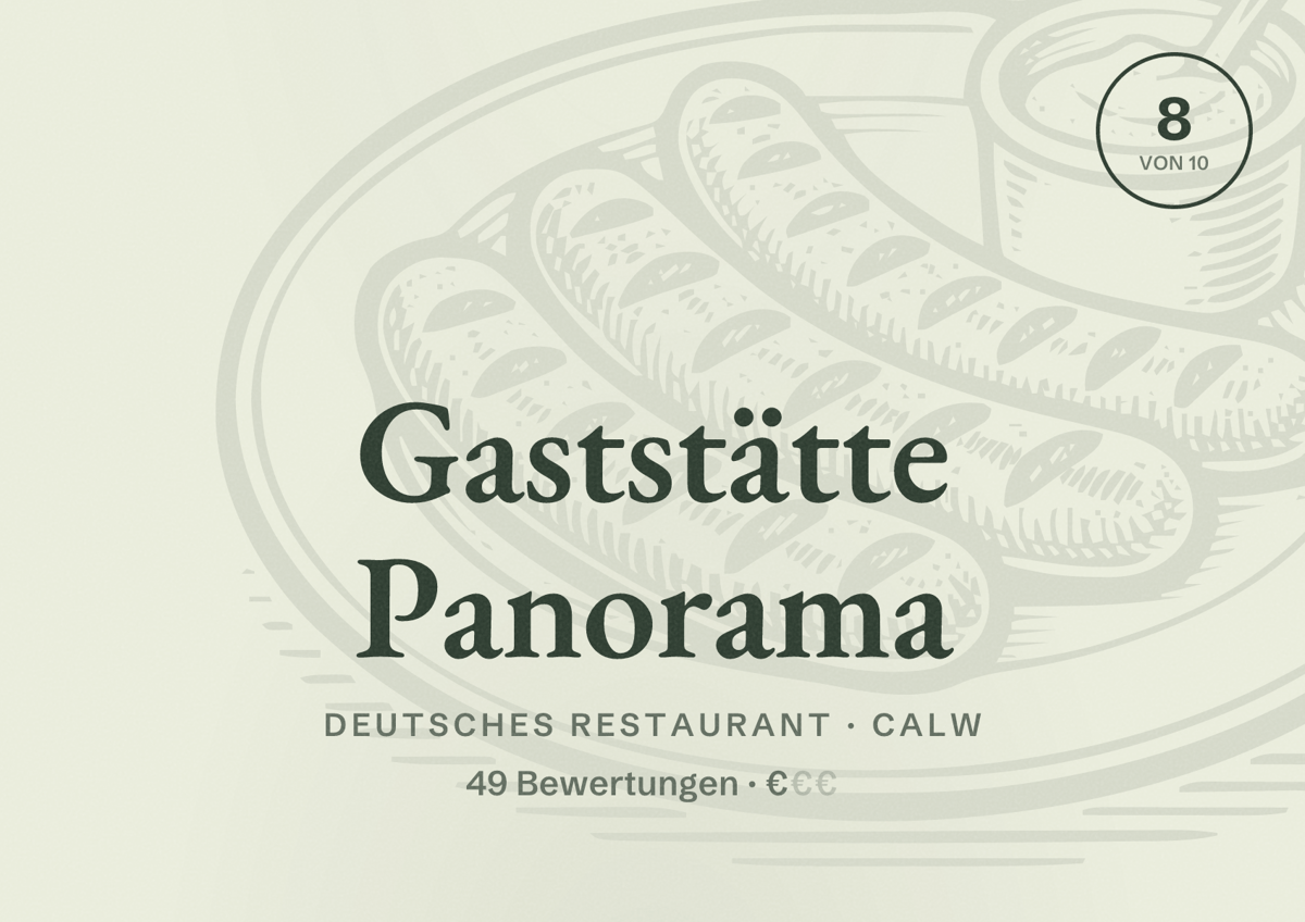 Illustriertes Poster von Gaststätte Panorama, Deutsches Restaurant in Calw: Bewertung 8 von 10 aus 49 Bewertungen, Preisniveau €