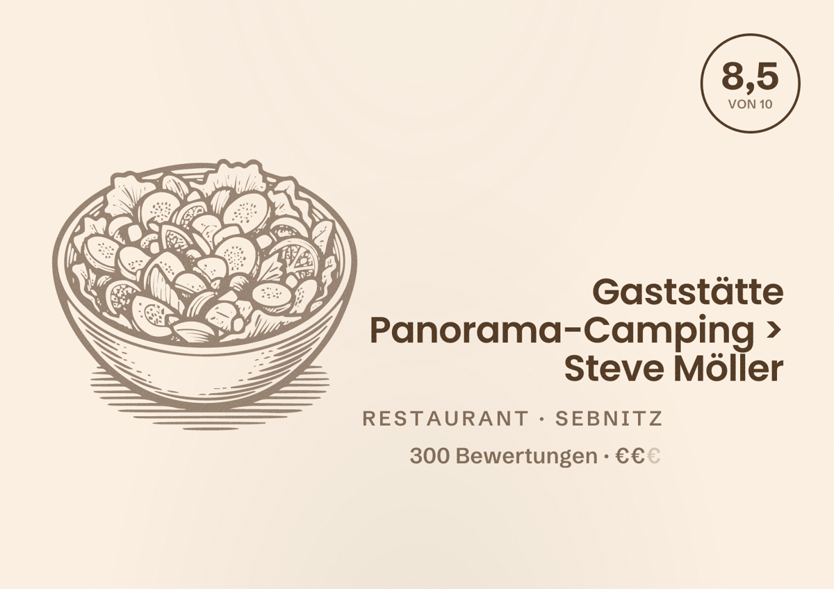 Illustriertes Poster von Gaststätte Panorama-Camping > Steve Möller, Restaurant in Sebnitz: Bewertung 8,5 von 10 aus 300 Bewertungen, Preisniveau €€
