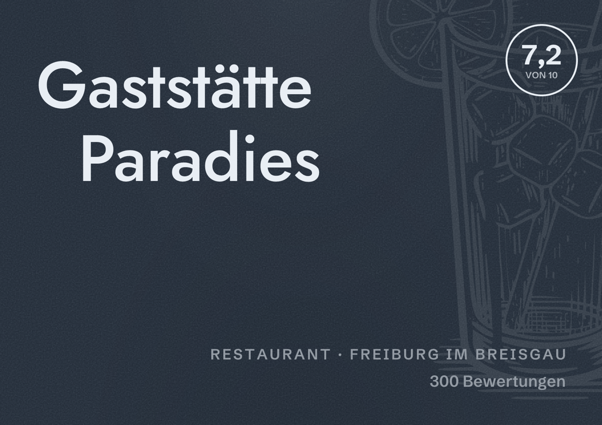 Illustriertes Poster von Gaststätte Paradies, Restaurant in Freiburg im Breisgau: Bewertung 7,2 von 10 aus 300 Bewertungen