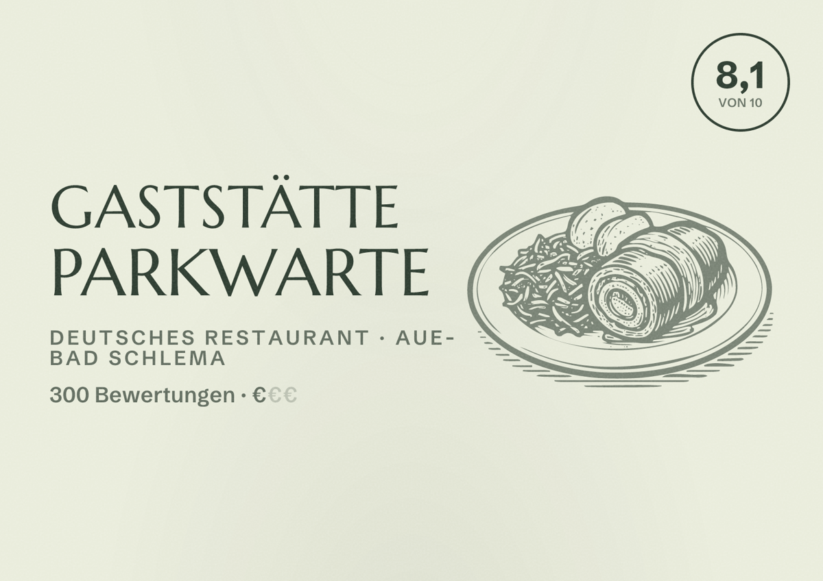 Illustriertes Poster von Gaststätte Parkwarte, Deutsches Restaurant in Aue-Bad Schlema: Bewertung 8,1 von 10 aus 300 Bewertungen, Preisniveau €