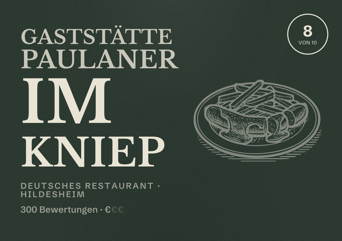 Illustriertes Poster von Gaststätte Paulaner im Kniep, Deutsches Restaurant in Hildesheim: Bewertung 8 von 10 aus 300 Bewertungen, Preisniveau €