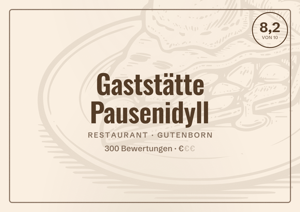Illustriertes Poster von Gaststätte Pausenidyll, Restaurant in Gutenborn: Bewertung 8,2 von 10 aus 300 Bewertungen, Preisniveau €