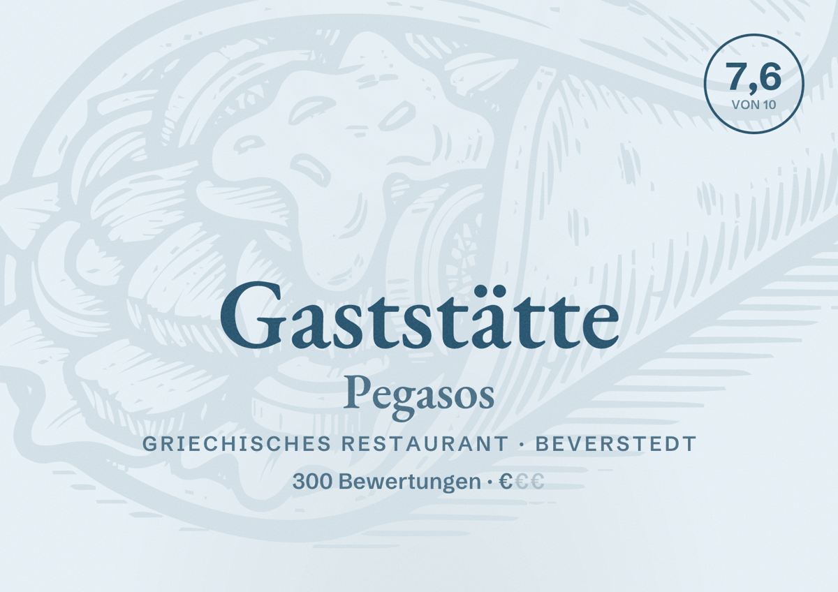 Illustriertes Poster von Gaststätte Pegasos, Griechisches Restaurant in Beverstedt: Bewertung 7,6 von 10 aus 300 Bewertungen, Preisniveau €