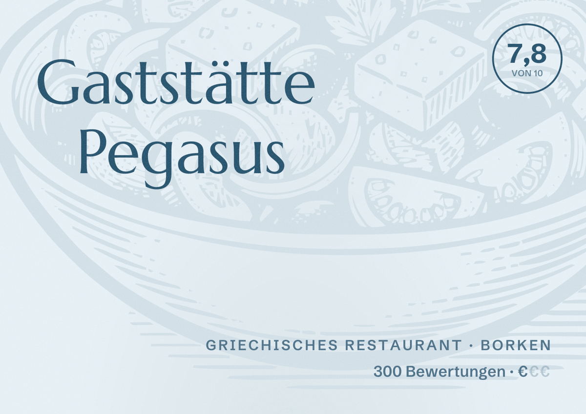 Illustriertes Poster von Gaststätte Pegasus, Griechisches Restaurant in Borken: Bewertung 7,8 von 10 aus 300 Bewertungen, Preisniveau €