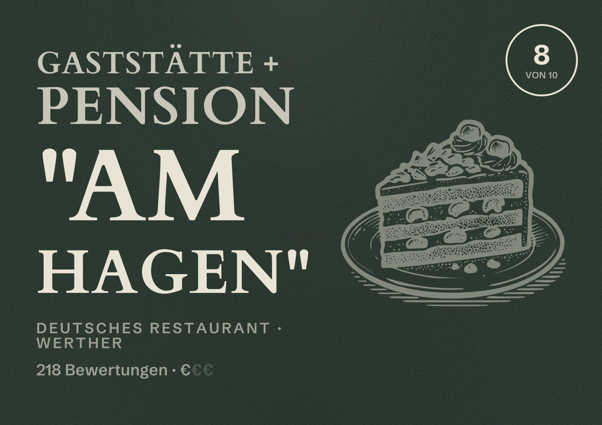 Illustriertes Poster von Gaststätte + Pension "Am Hagen", Deutsches Restaurant in Werther: Bewertung 8 von 10 aus 218 Bewertungen, Preisniveau €