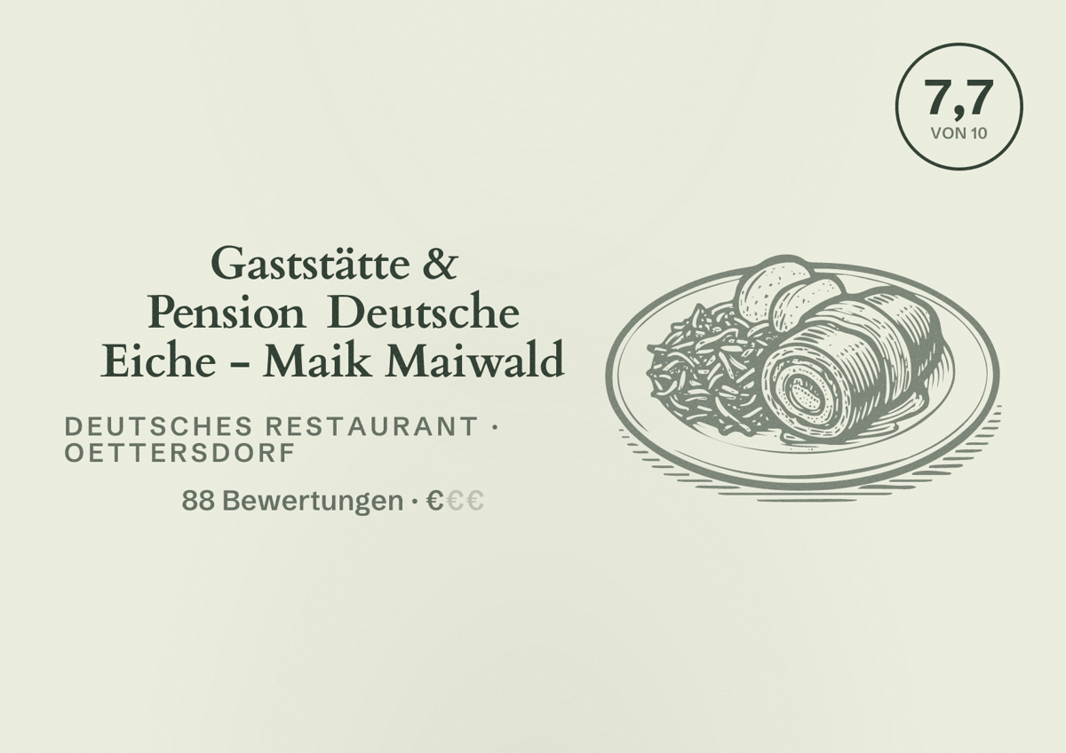 Illustriertes Poster von Gaststätte & Pension Deutsche Eiche - Maik Maiwald, Deutsches Restaurant in Oettersdorf: Bewertung 7,7 von 10 aus 88 Bewertungen, Preisniveau €