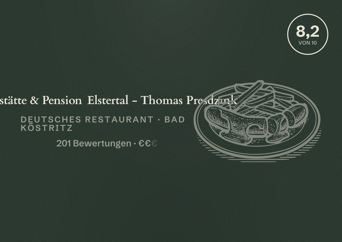 Illustriertes Poster von Gaststätte & Pension Elstertal - Thomas Presdzink, Deutsches Restaurant in Bad Köstritz: Bewertung 8,2 von 10 aus 201 Bewertungen, Preisniveau €€