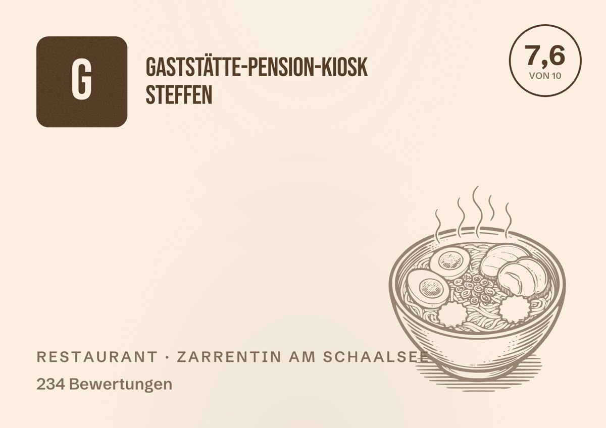 Illustriertes Poster von Gaststätte-Pension-Kiosk Steffen, Restaurant in Zarrentin am Schaalsee: Bewertung 7,6 von 10 aus 234 Bewertungen