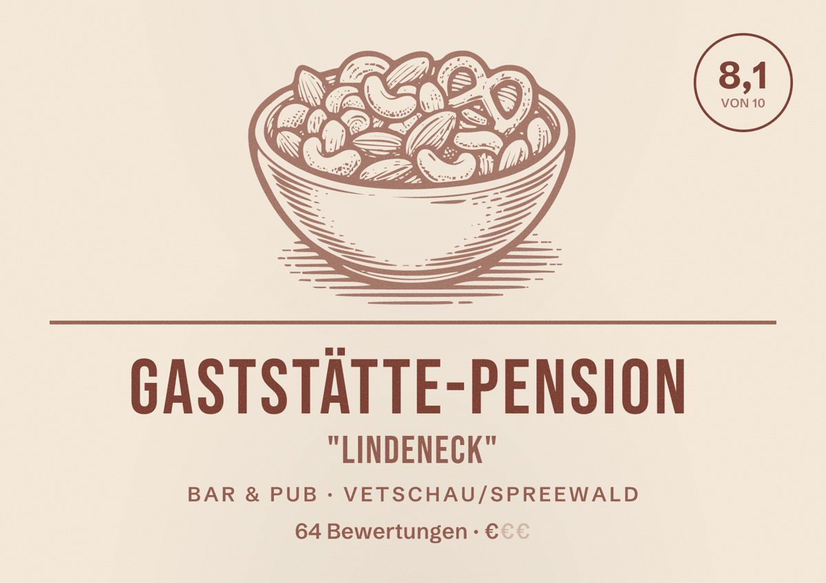Illustriertes Poster von Gaststätte-Pension "Lindeneck", Bar & Pub in Vetschau/Spreewald: Bewertung 8,1 von 10 aus 64 Bewertungen, Preisniveau €