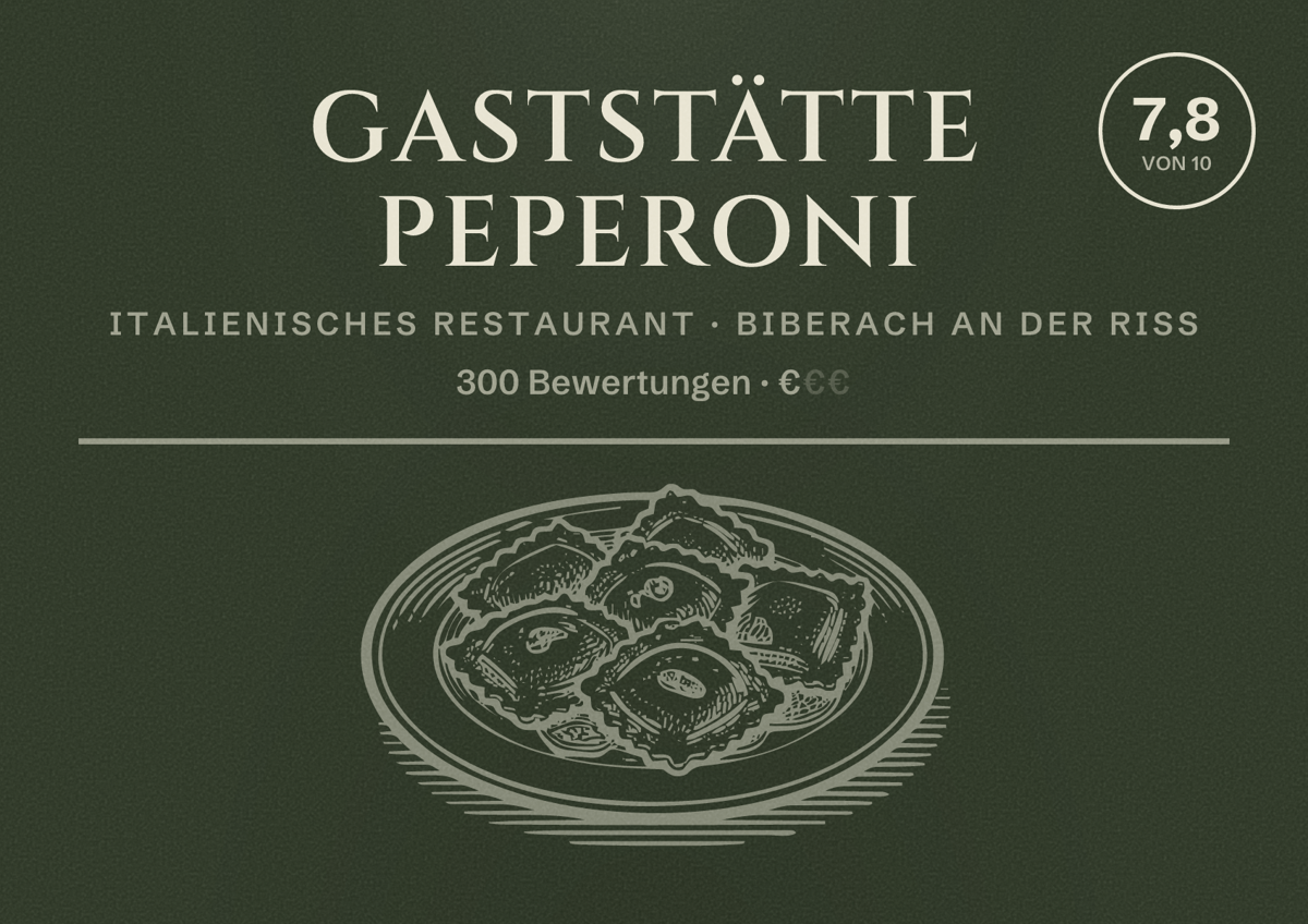 Illustriertes Poster von Gaststätte Peperoni, Italienisches Restaurant in Biberach an der Riß: Bewertung 7,8 von 10 aus 300 Bewertungen, Preisniveau €