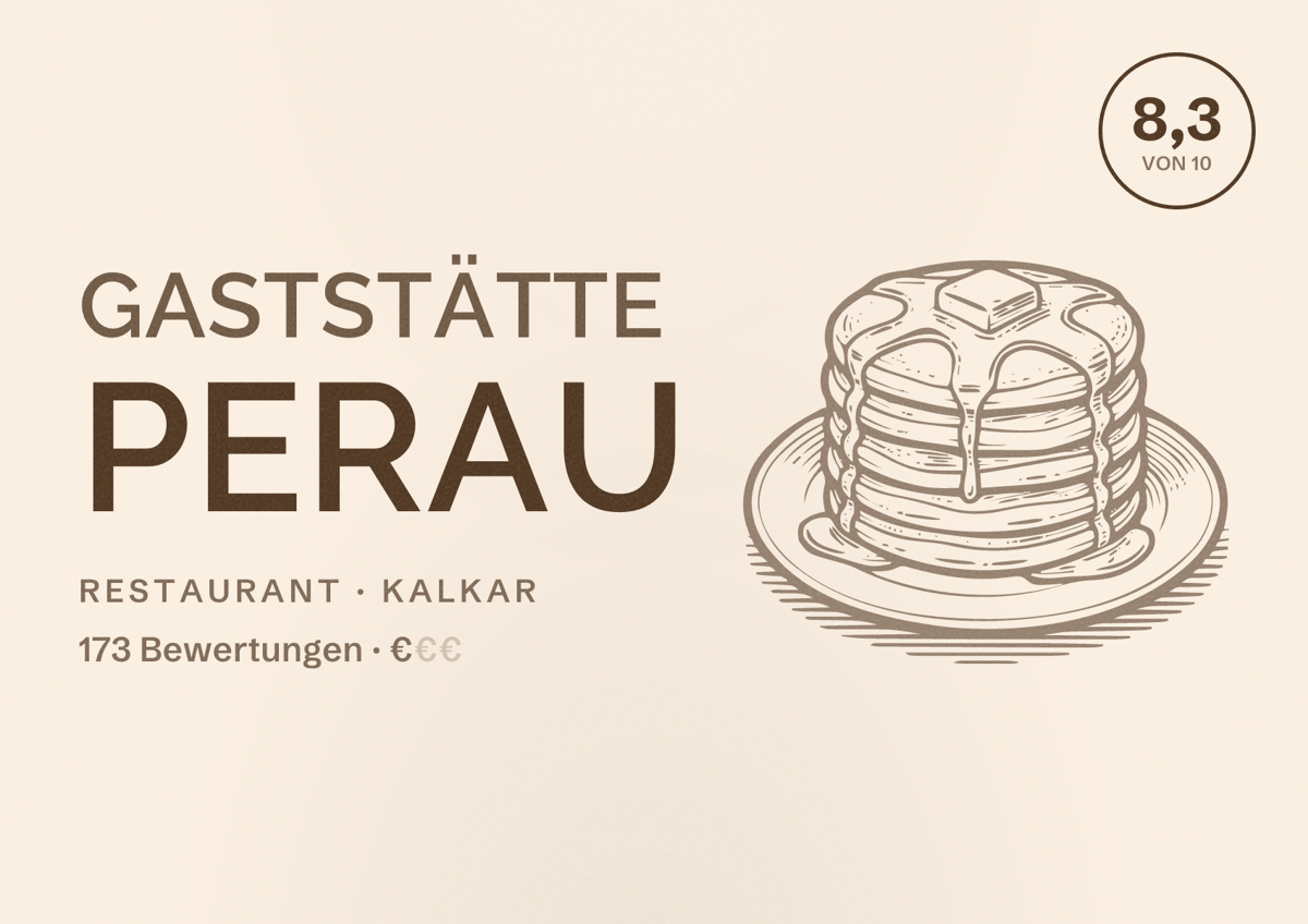 Illustriertes Poster von Gaststätte Perau, Restaurant in Kalkar: Bewertung 8,3 von 10 aus 173 Bewertungen, Preisniveau €