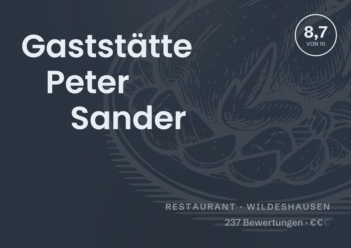 Illustriertes Poster von Gaststätte Peter Sander, Restaurant in Wildeshausen: Bewertung 8,7 von 10 aus 237 Bewertungen, Preisniveau €€