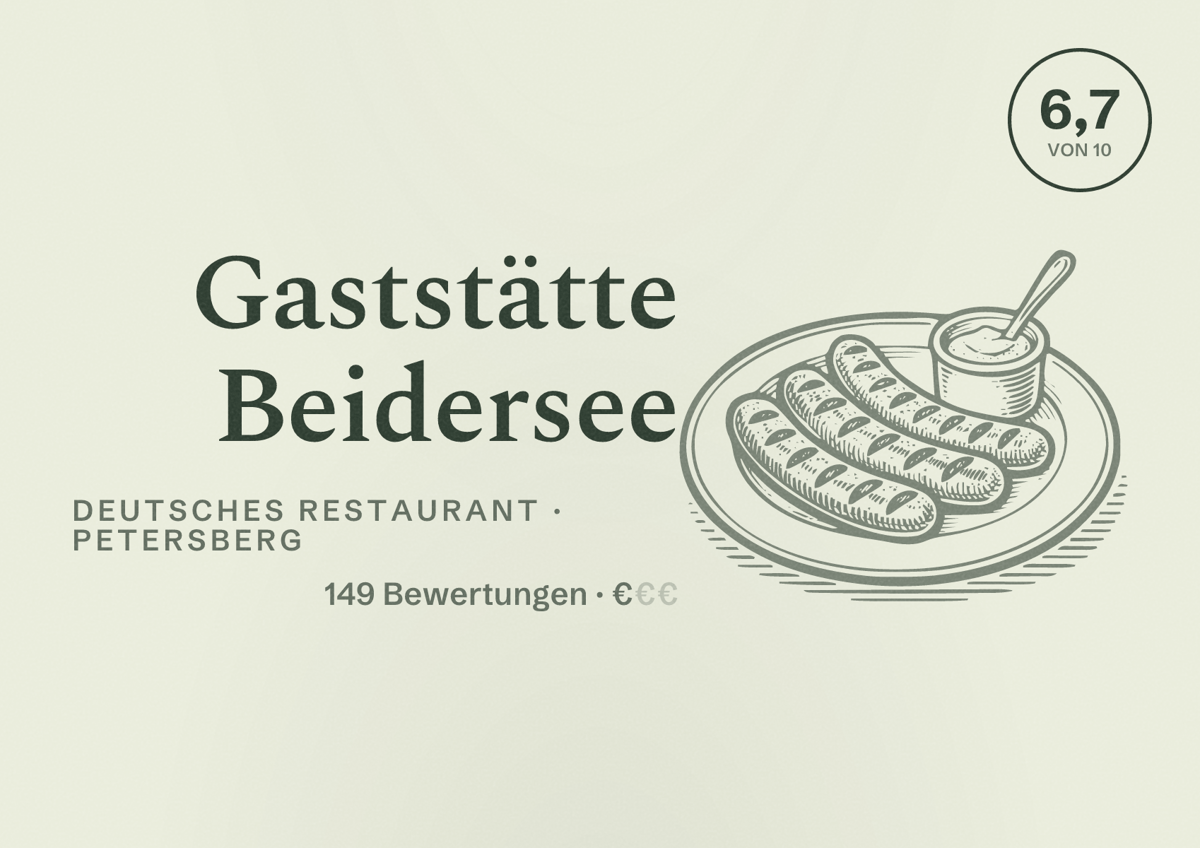 Illustriertes Poster von Gaststätte Beidersee, Deutsches Restaurant in Petersberg: Bewertung 6,7 von 10 aus 149 Bewertungen, Preisniveau €