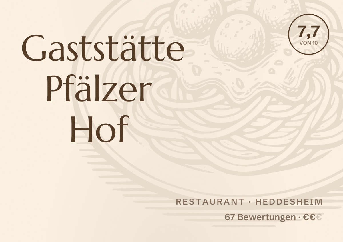 Illustriertes Poster von Gaststätte Pfälzer Hof, Restaurant in Heddesheim: Bewertung 7,7 von 10 aus 67 Bewertungen, Preisniveau €€