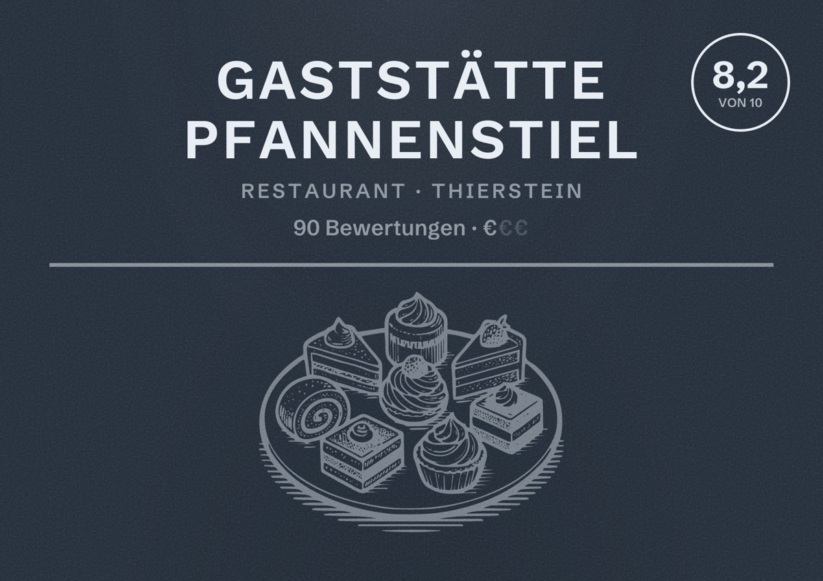 Illustriertes Poster von Gaststätte Pfannenstiel, Restaurant in Thierstein: Bewertung 8,2 von 10 aus 90 Bewertungen, Preisniveau €