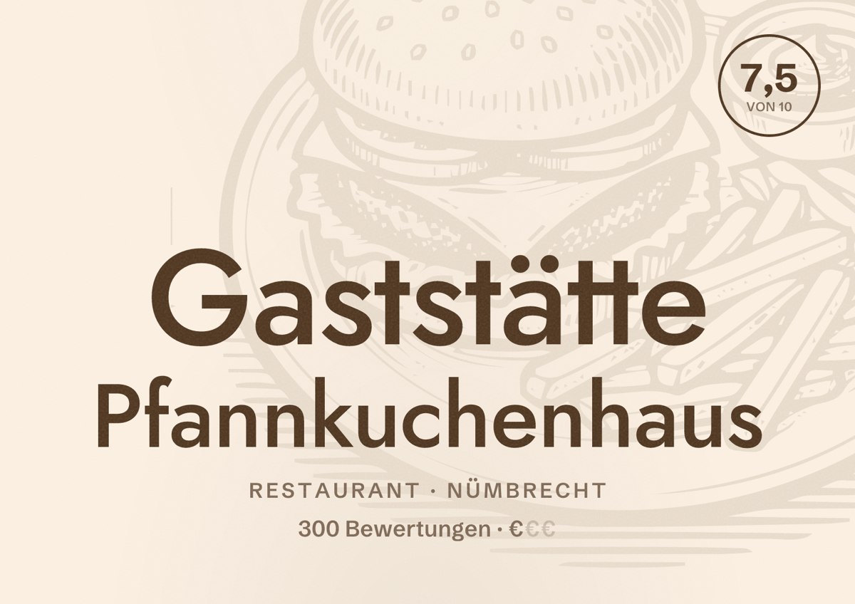 Illustriertes Poster von Gaststätte Pfannkuchenhaus, Restaurant in Nümbrecht: Bewertung 7,5 von 10 aus 300 Bewertungen, Preisniveau €