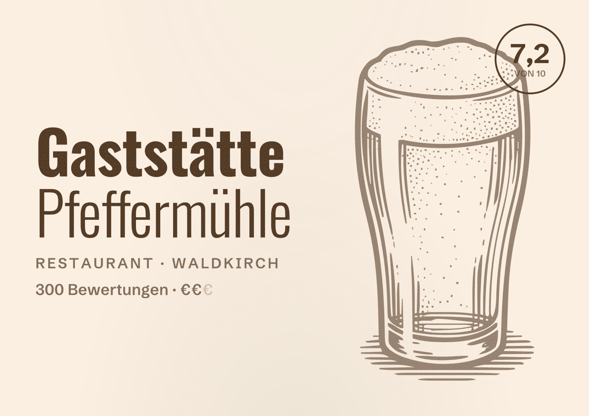 Illustriertes Poster von Gaststätte Pfeffermühle, Restaurant in Waldkirch: Bewertung 7,2 von 10 aus 300 Bewertungen, Preisniveau €€