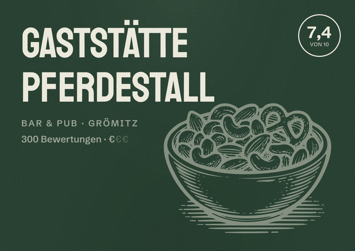 Illustriertes Poster von Gaststätte Pferdestall, Bar & Pub in Grömitz: Bewertung 7,4 von 10 aus 300 Bewertungen, Preisniveau €