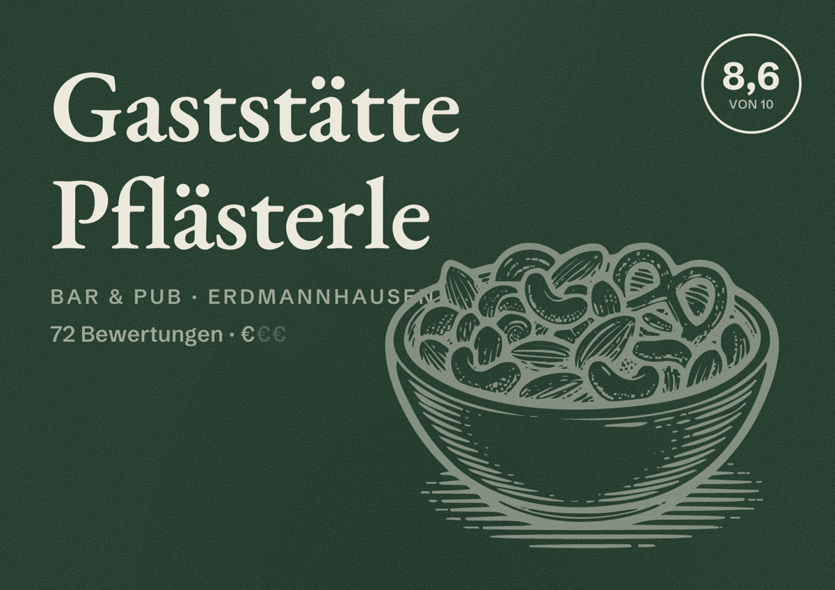 Illustriertes Poster von Gaststätte Pflästerle, Bar & Pub in Erdmannhausen: Bewertung 8,6 von 10 aus 72 Bewertungen, Preisniveau €