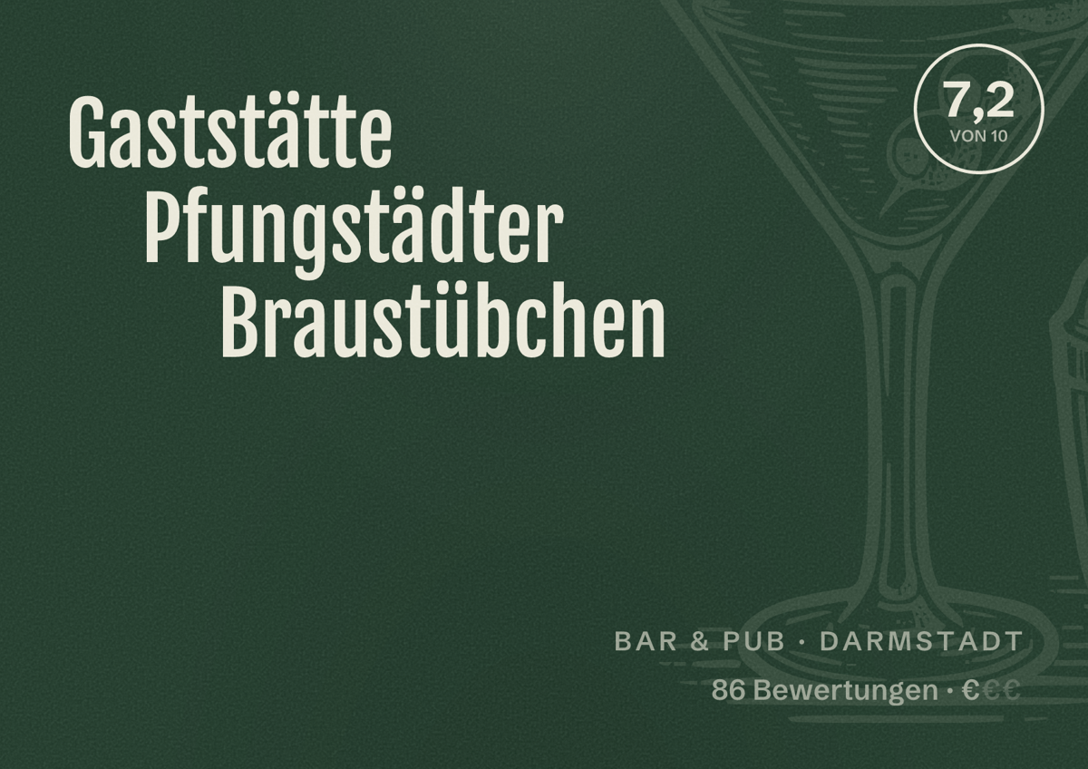 Illustriertes Poster von Gaststätte Pfungstädter Braustübchen, Bar & Pub in Darmstadt: Bewertung 7,2 von 10 aus 86 Bewertungen, Preisniveau €