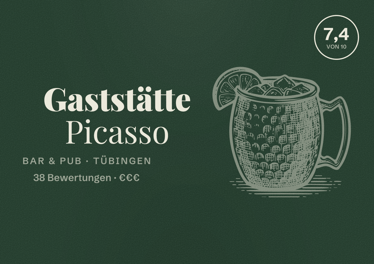 Illustriertes Poster von Gaststätte Picasso, Bar & Pub in Tübingen: Bewertung 7,4 von 10 aus 38 Bewertungen, Preisniveau €€€