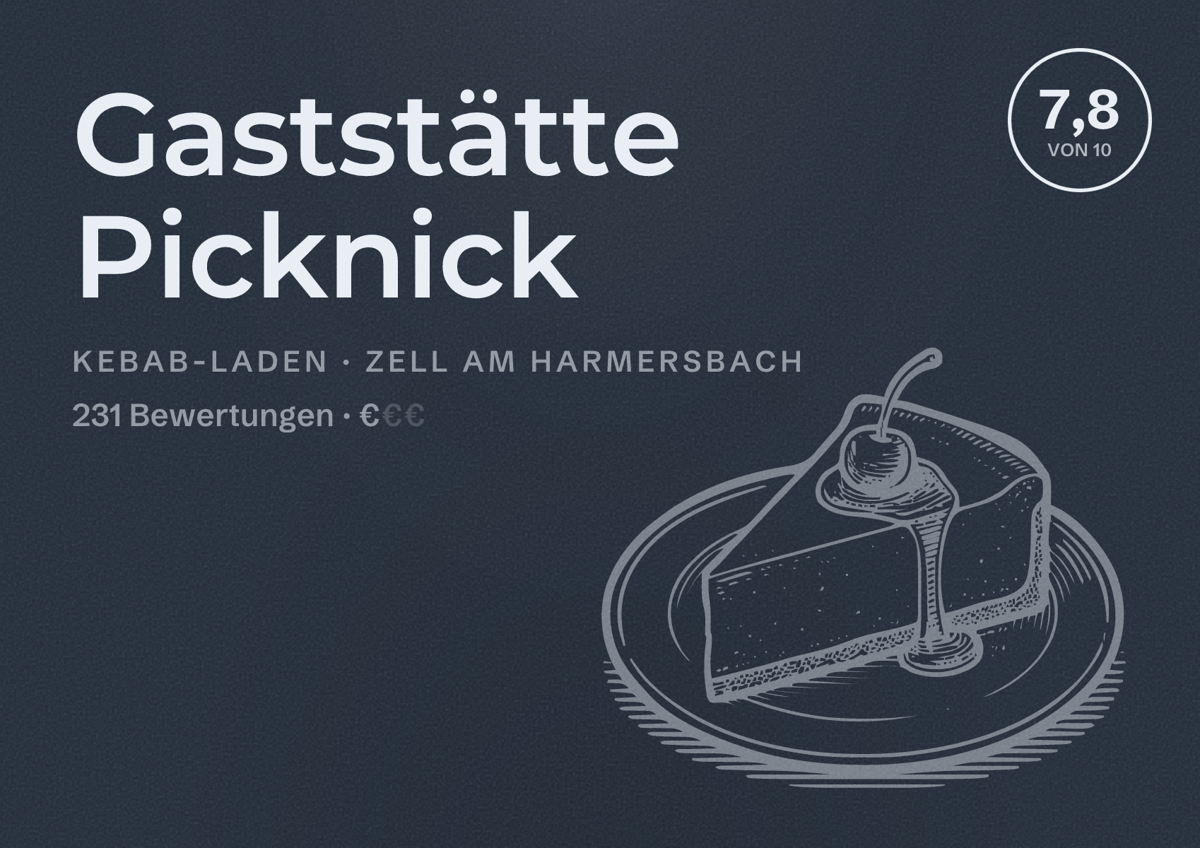 Illustriertes Poster von Gaststätte Picknick, Kebab-Laden in Zell am Harmersbach: Bewertung 7,8 von 10 aus 231 Bewertungen, Preisniveau €