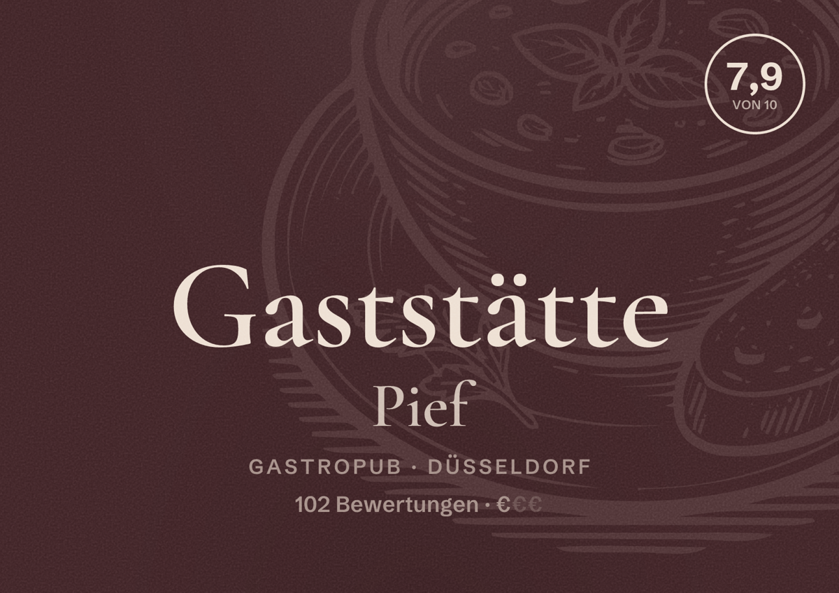 Illustriertes Poster von Gaststätte Pief, Gastropub in Düsseldorf: Bewertung 7,9 von 10 aus 102 Bewertungen, Preisniveau €